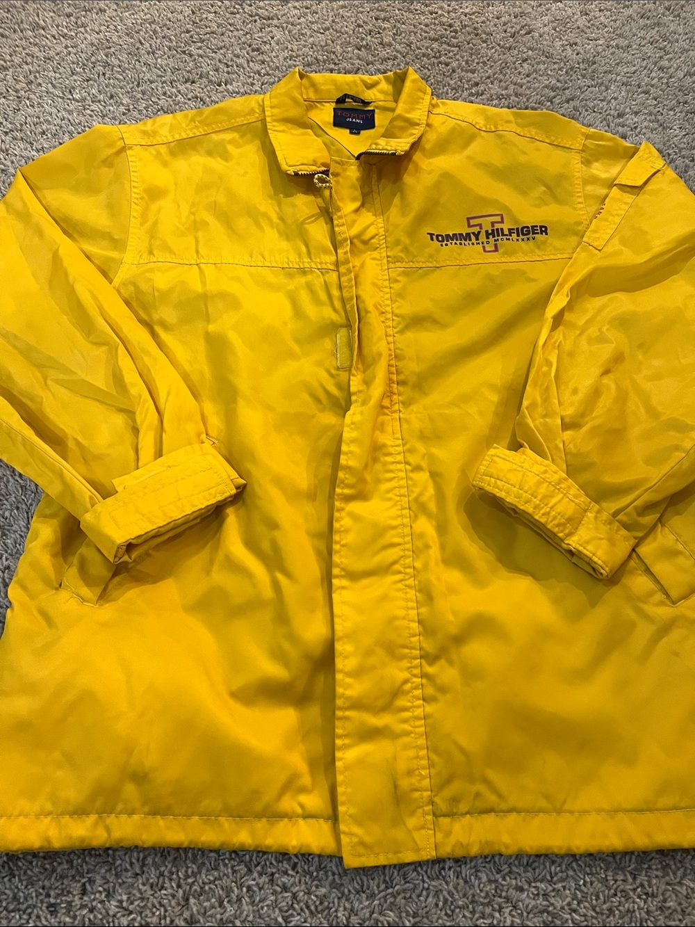 Vintage Rare Tommy Hilfiger Mens Yellow Raincoat with Logo Tommy Jeans